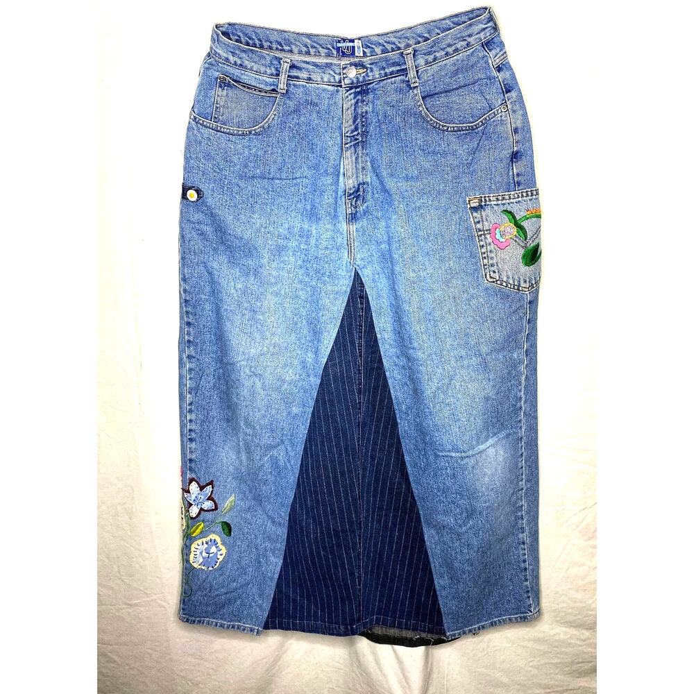 Upcycled Denim Skirt Embroidery Lace Festival Wear Tall Woman 44" Length